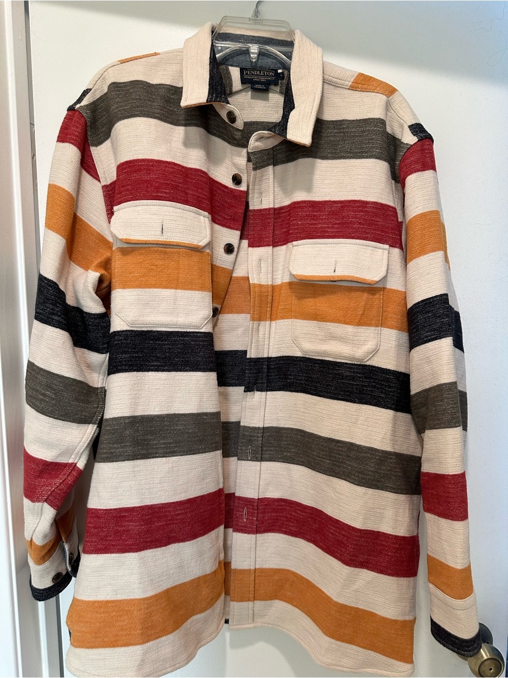 Pendleton Glacier Cotton Chamois Driftwood Shirt Shacket w Colorful Stripes L
